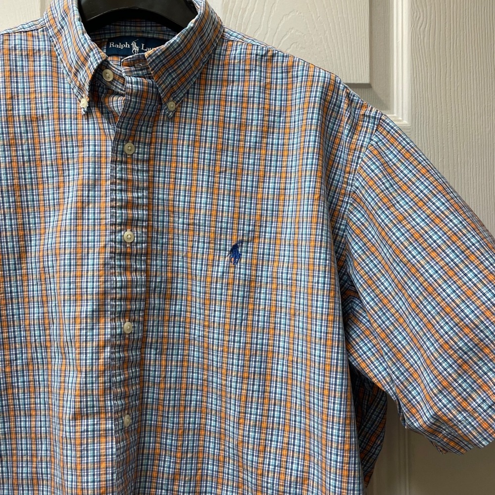 Ralph Lauren Classic Fit Shirt Men's XL Blue/Orange‎ Plaid Short Sleeved Preppy